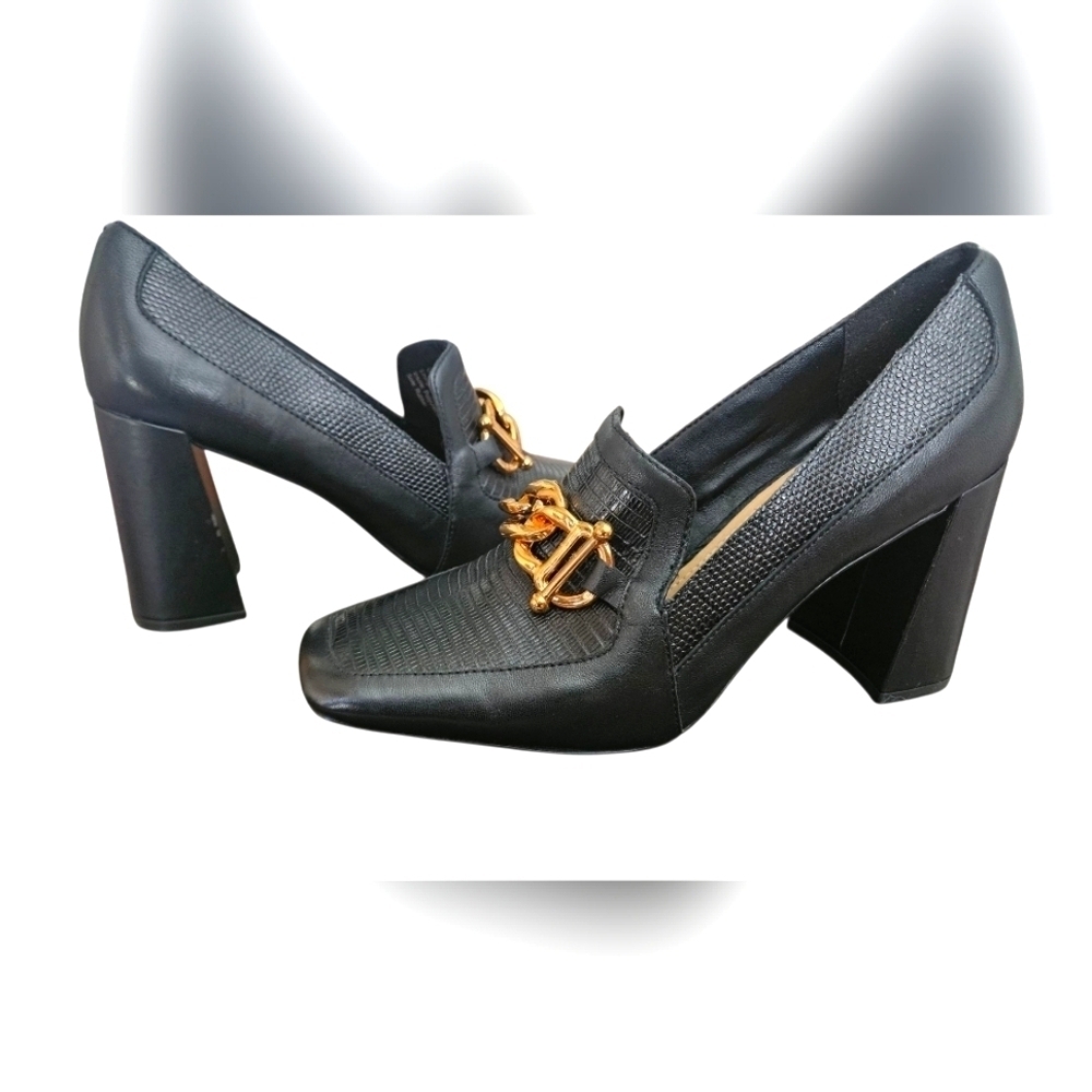 GIBSON LATIMER Leather Ritah Lizard Embossed BlockHeel Loafer Pumps In Black.7.5